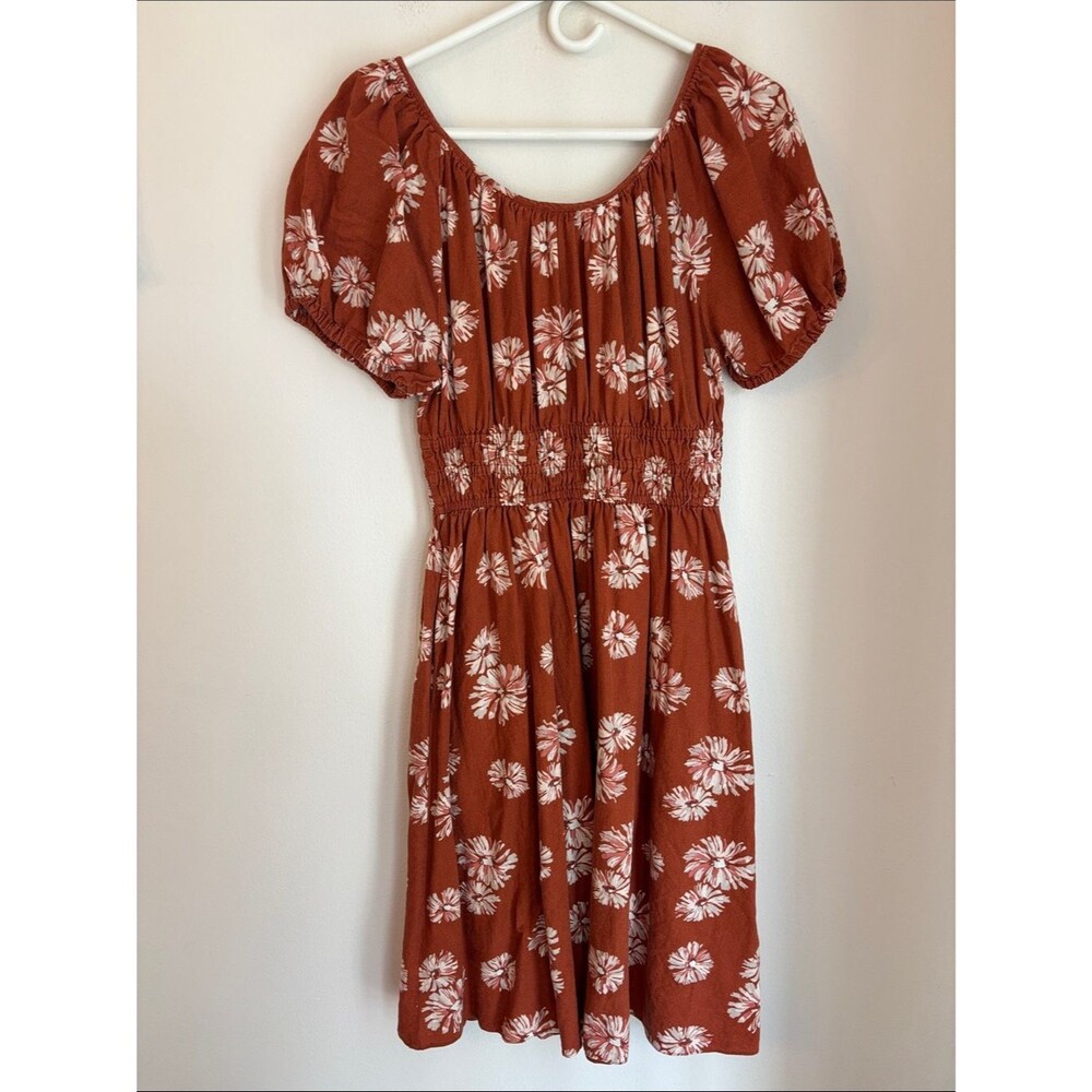 Madewell Linen-Blend Sophia Midi Dress Rust Floral Puff Sleeve Fall pockets Med - Picture 10 of 12